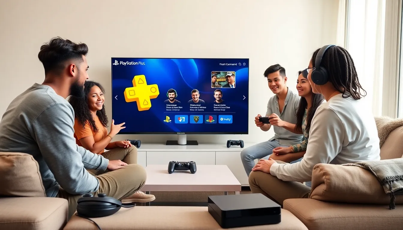 group of friends enjoying PlayStation Plus in a living room.