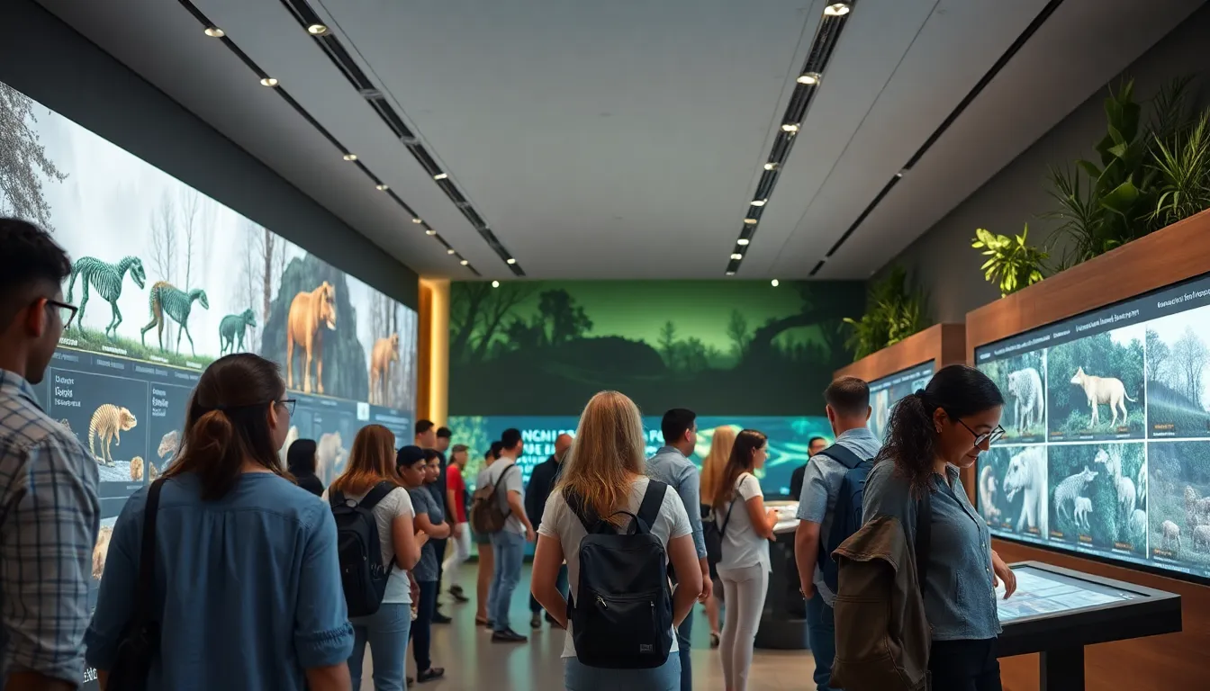 diverse visitors exploring an evolution-themed life science museum exhibit.