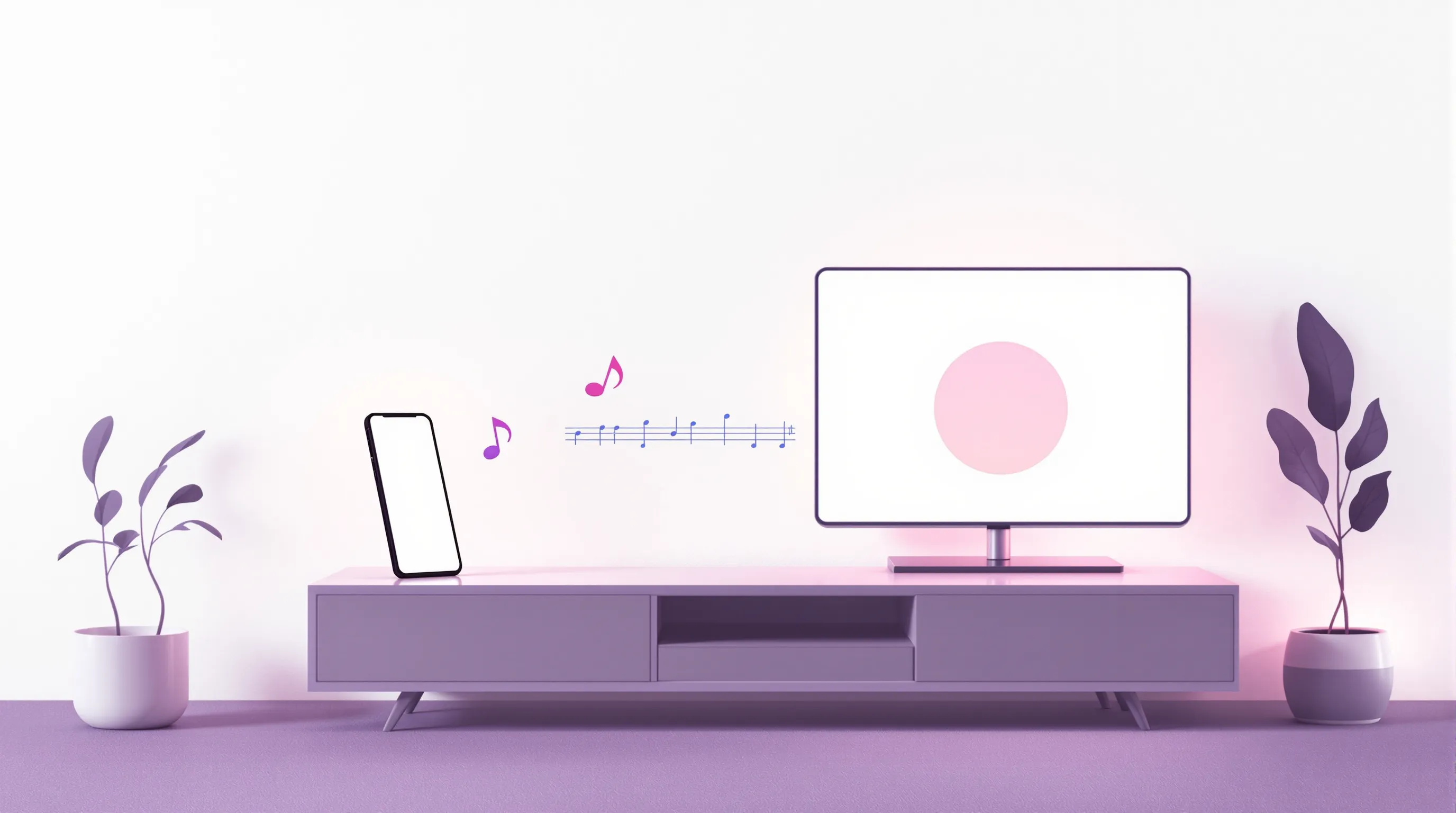 Smartphone connected to smart TV with musical note, minimal flat design.