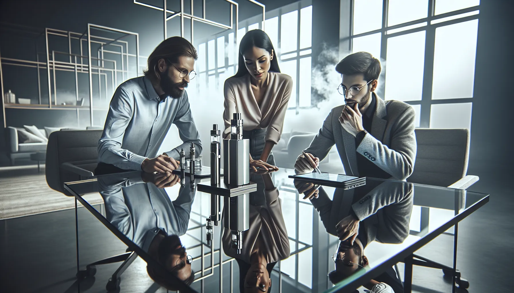 diverse team discussing a Geek Vape in a modern office.