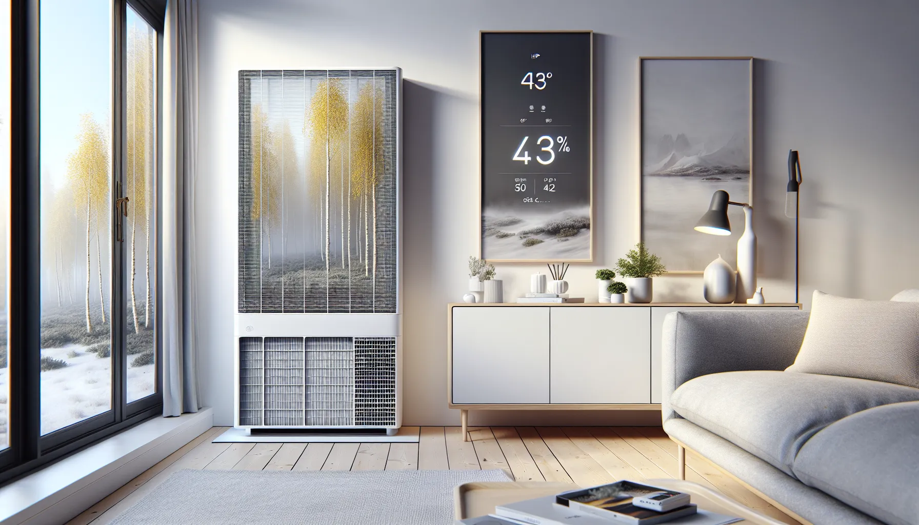 Open heat pump filters in norwegian living room with closed window and hygrometer.