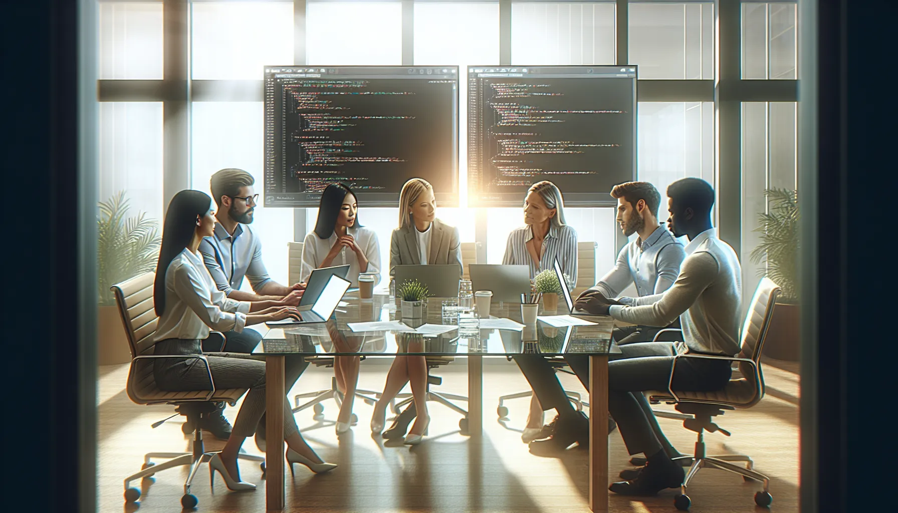 diverse team reviewing code in a modern office setting.