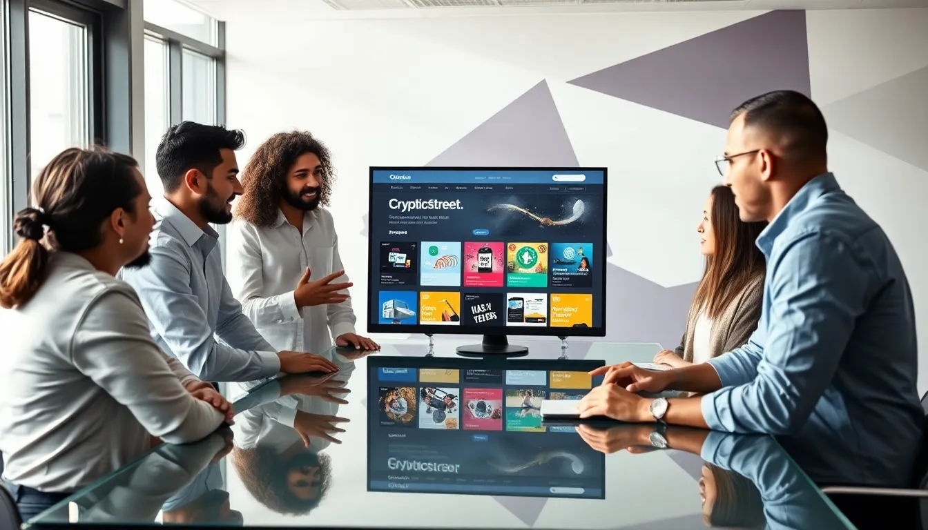 diverse team engaging around a digital workspace discussing guides from Crypticstreet.com.