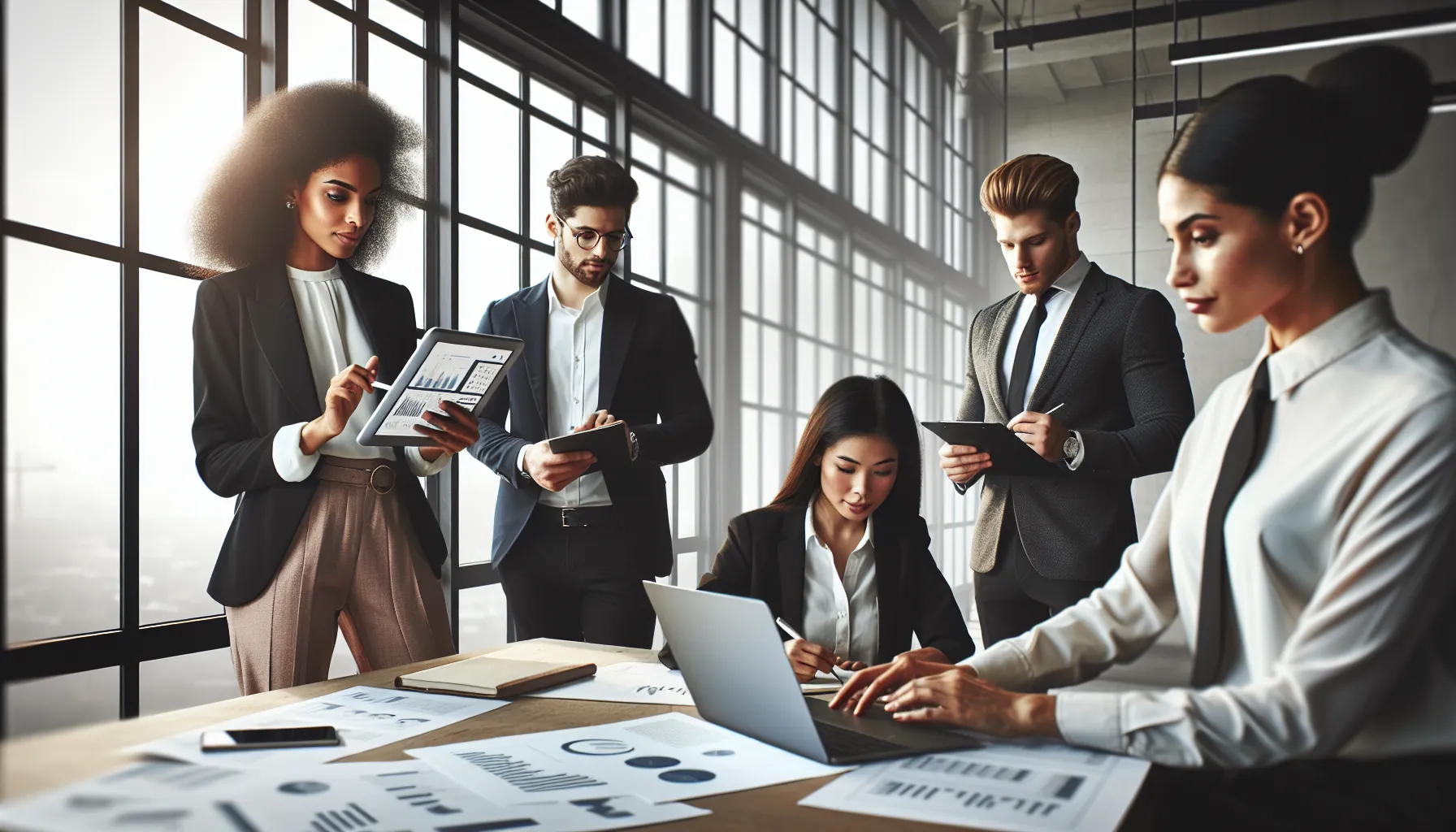 diverse team analyzing information in a modern office.
