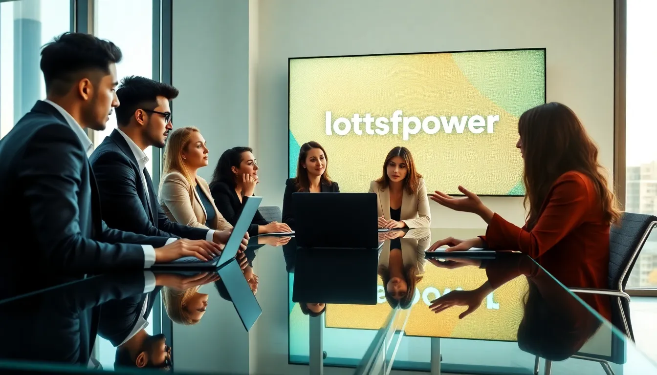 diverse team in a modern office discussing Lotsofpower's contact details.