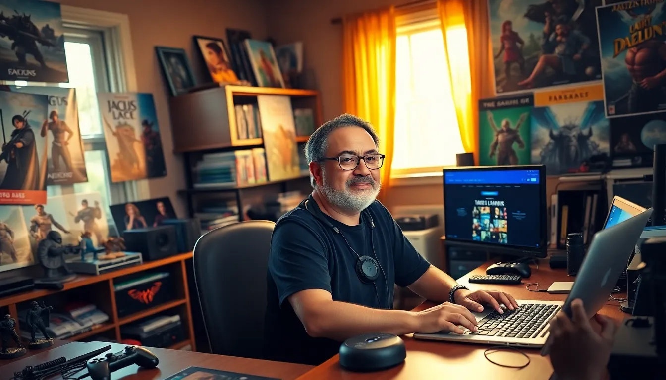 Larry creating gaming guides in his home office.