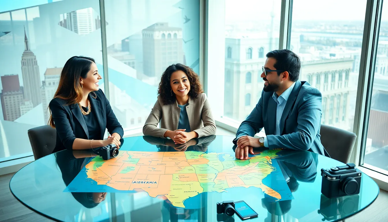 diverse team planning travel adventures with a map in a modern office.