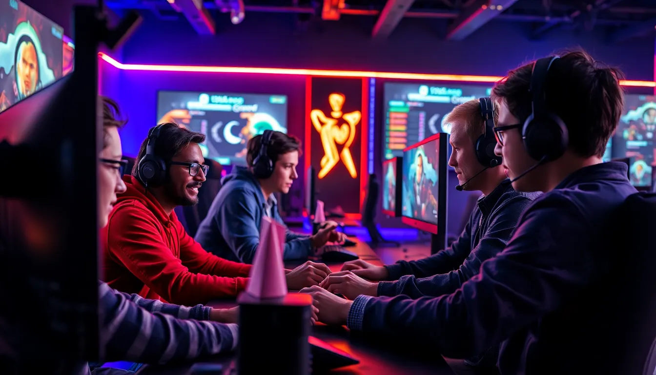 diverse gamers collaborating in a modern gaming environment.