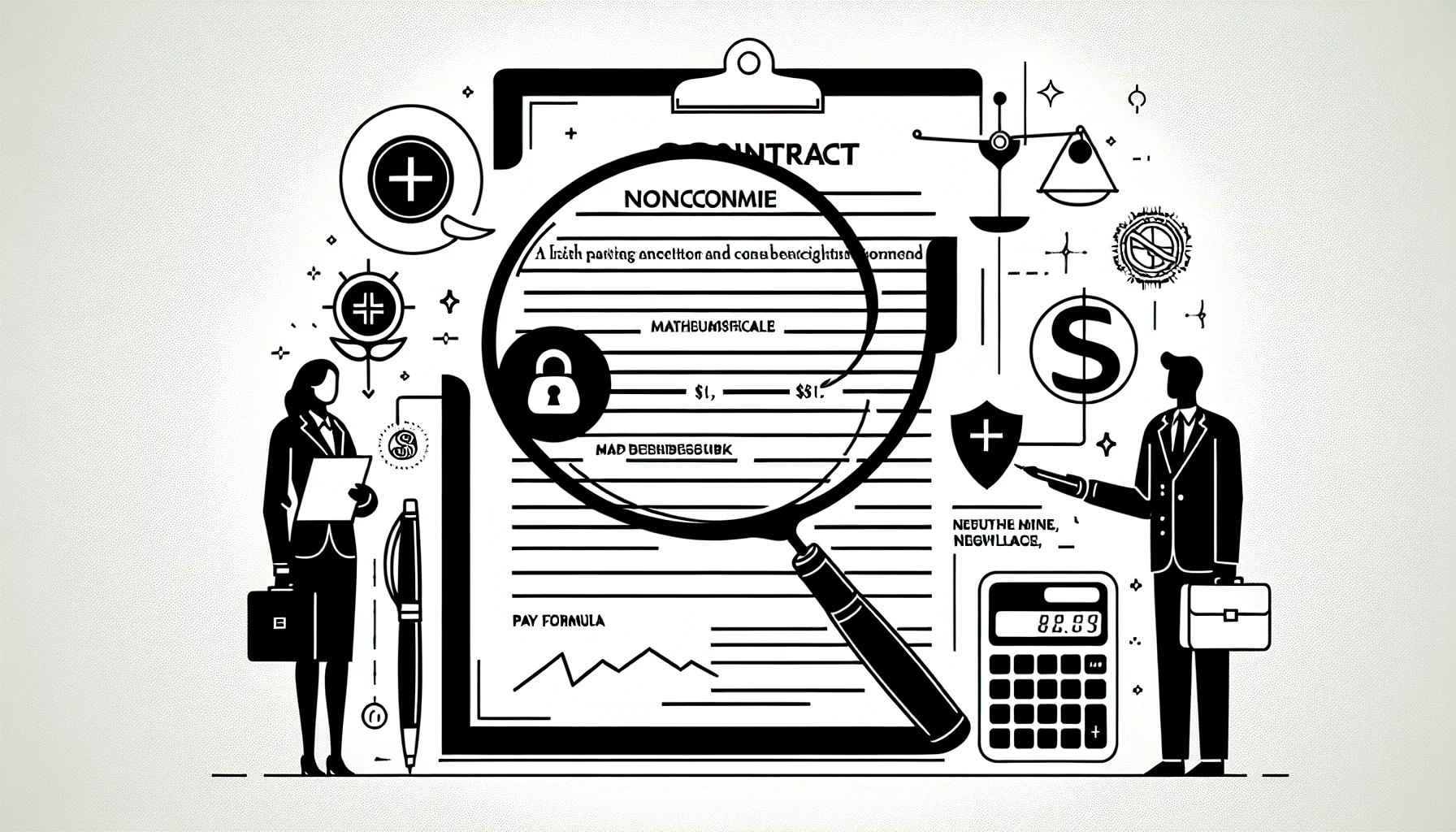 Attorney and veterinarian reviewing a contract with magnifying glass and Delaware outline in Delaware Veterinary Contract Review