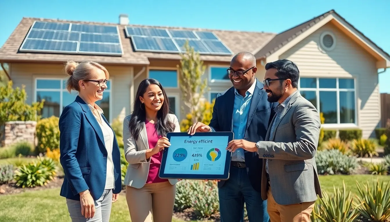 diverse professionals discussing energy-efficient home features outdoors.