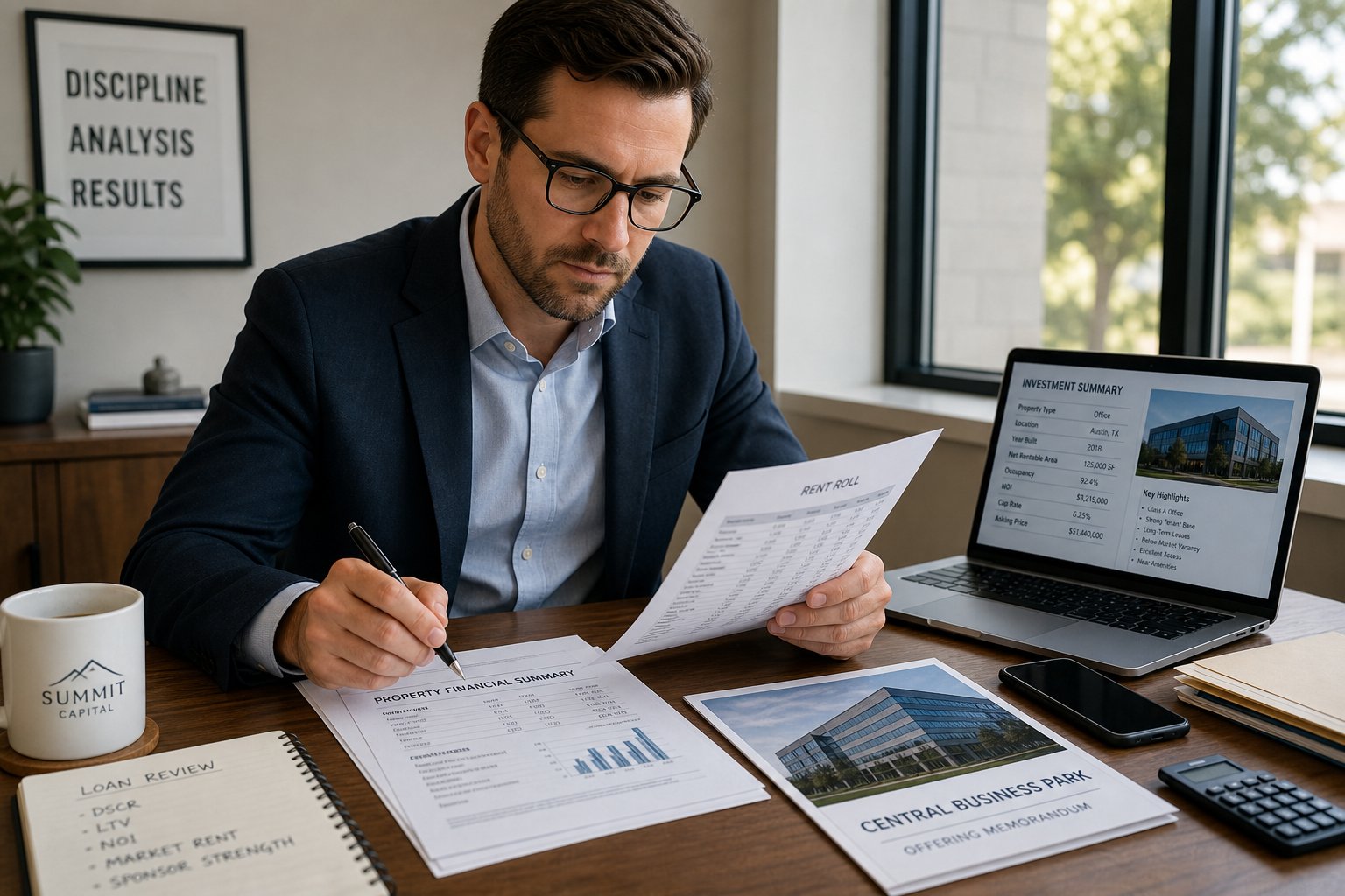 Close-up office scene of a professional reviewing commercial property and finance documents at a desk.