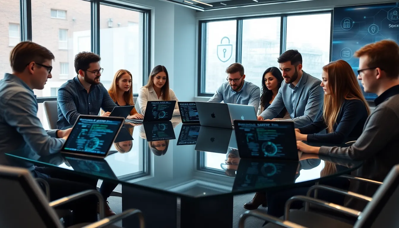 cybersecurity team discussing mobile app security testing in a modern office.