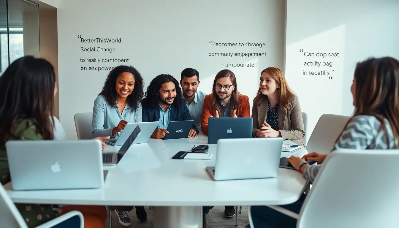 diverse professionals discussing social change in a modern office.