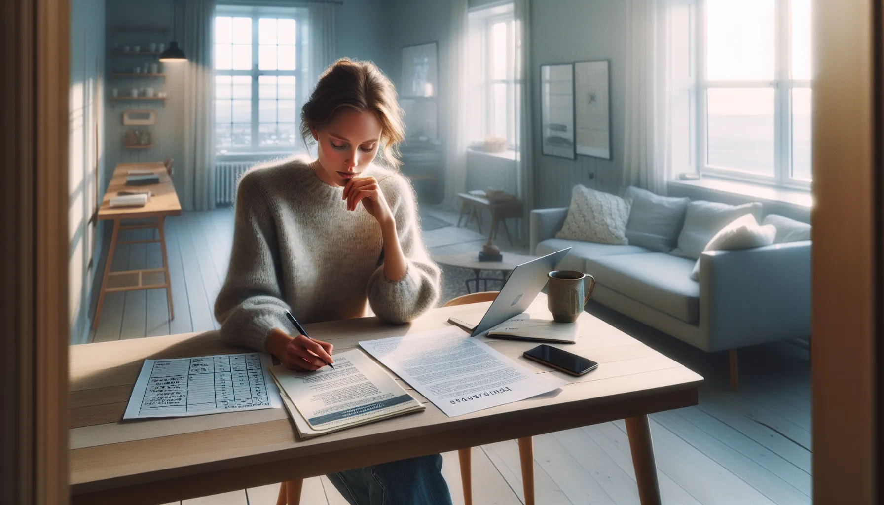 Norwegian adult planning career change with laptop, notes and job ads at kitchen table.