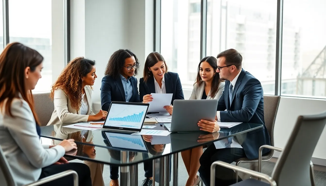diverse team discussing investment opportunities in a modern office.