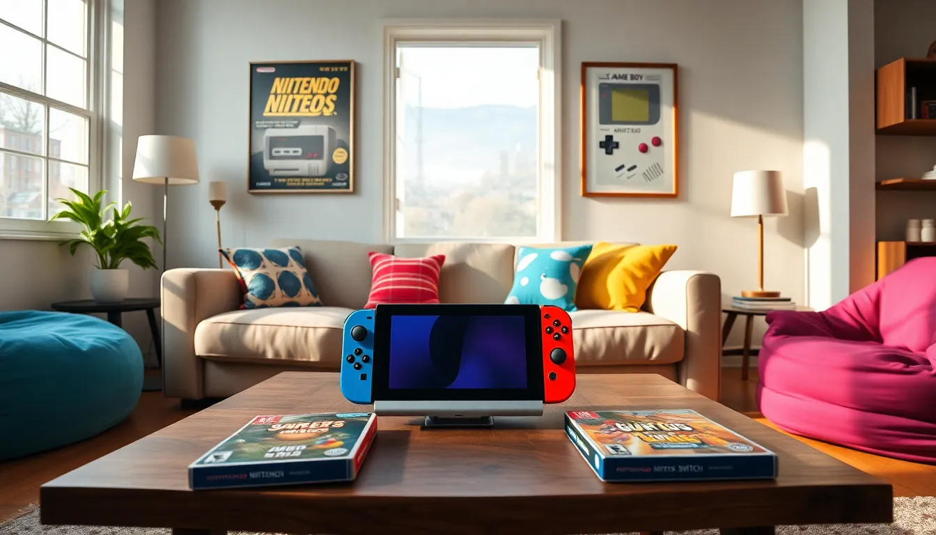 A cozy living room featuring Nintendo gadgets and gaming memorabilia.