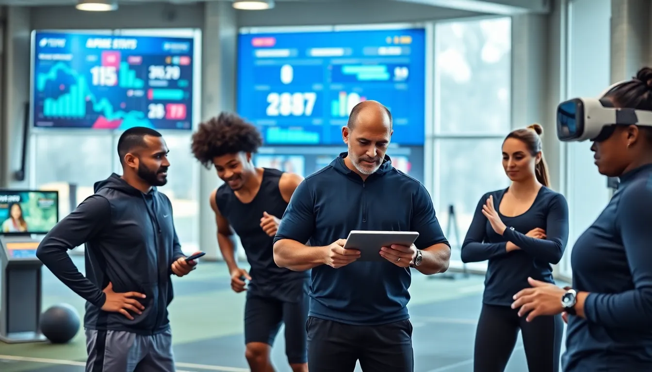 diverse athletes using wearable tech in a modern training facility.