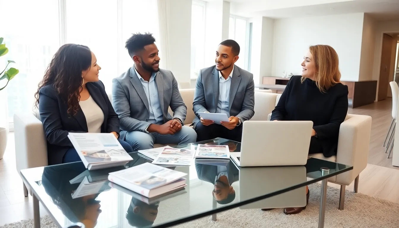 diverse group discussing no down payment home loans in a bright living room.