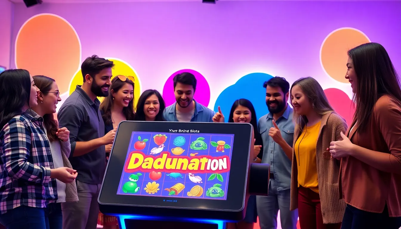 diverse group playing Dadunation Slots in a vibrant gaming environment.