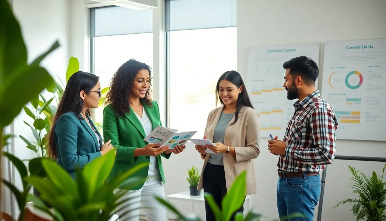diverse team discussing sustainability in a modern office.