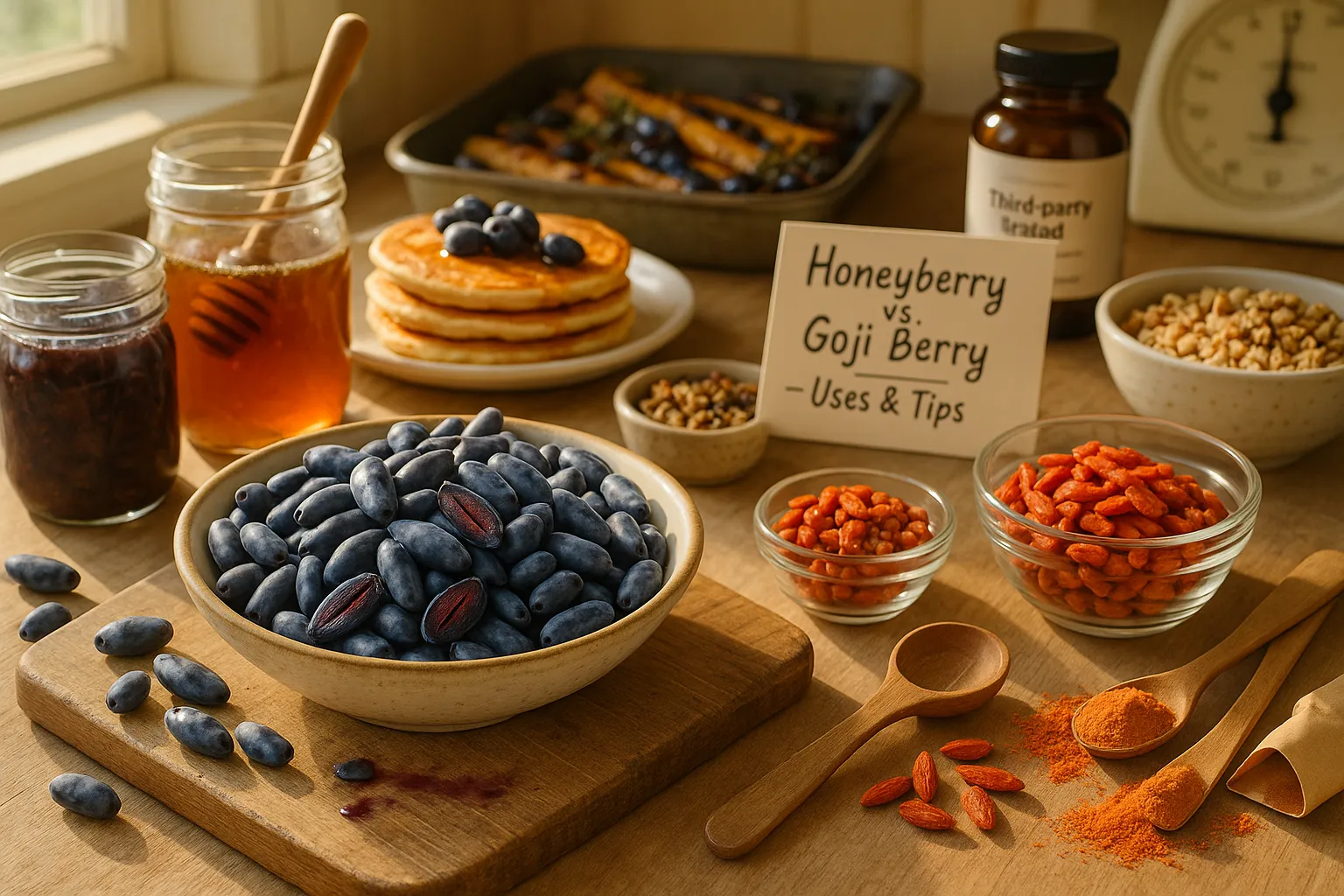 Fresh honeyberries in bowl with dried goji berries and jars of preserves.