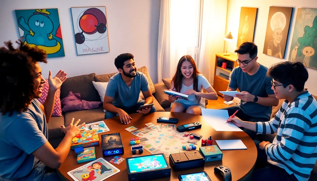 A group of young adults collaborating on a creative game in a cozy living room.