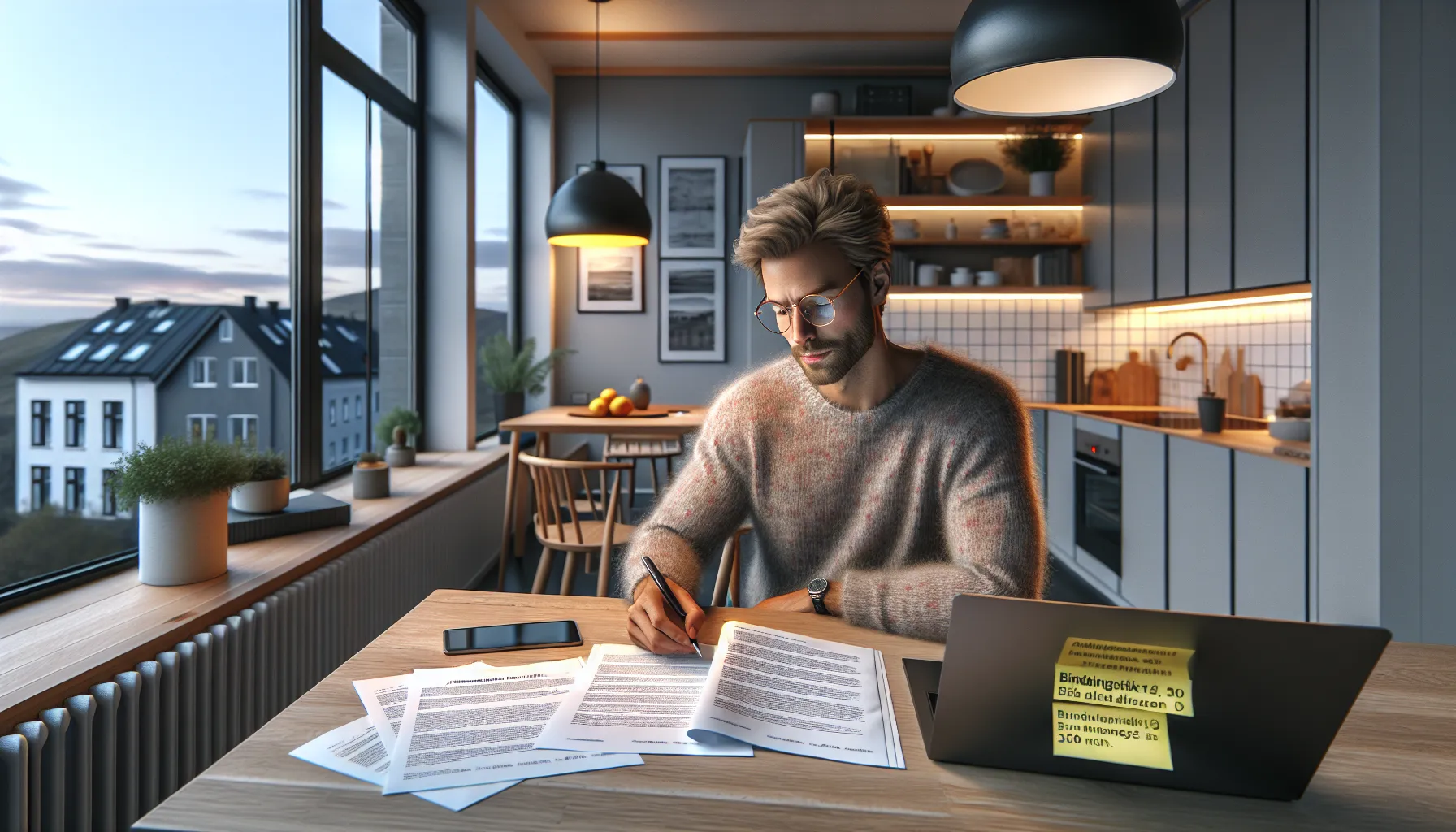 Norwegian man carefully reading a detailed contract at his kitchen table.