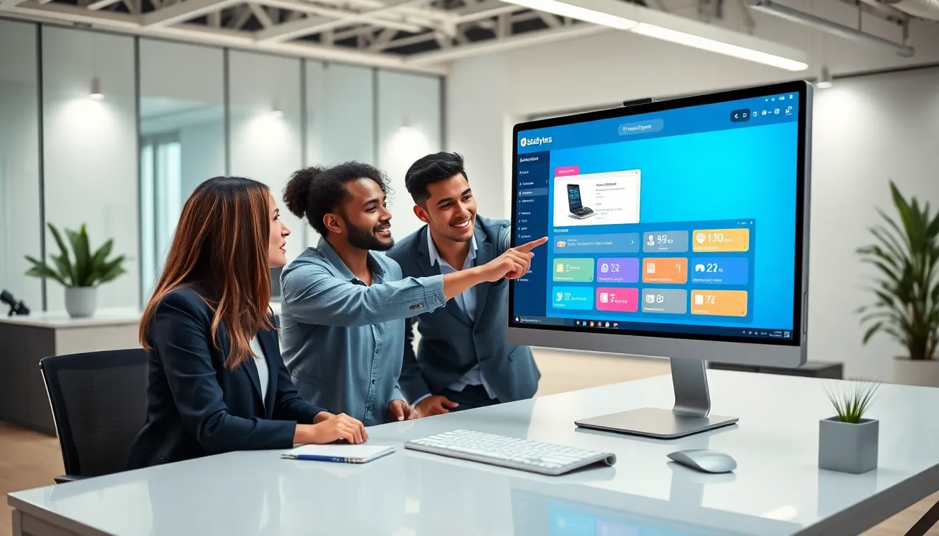 professionals discussing the new Ustudiobytes software in a modern office.