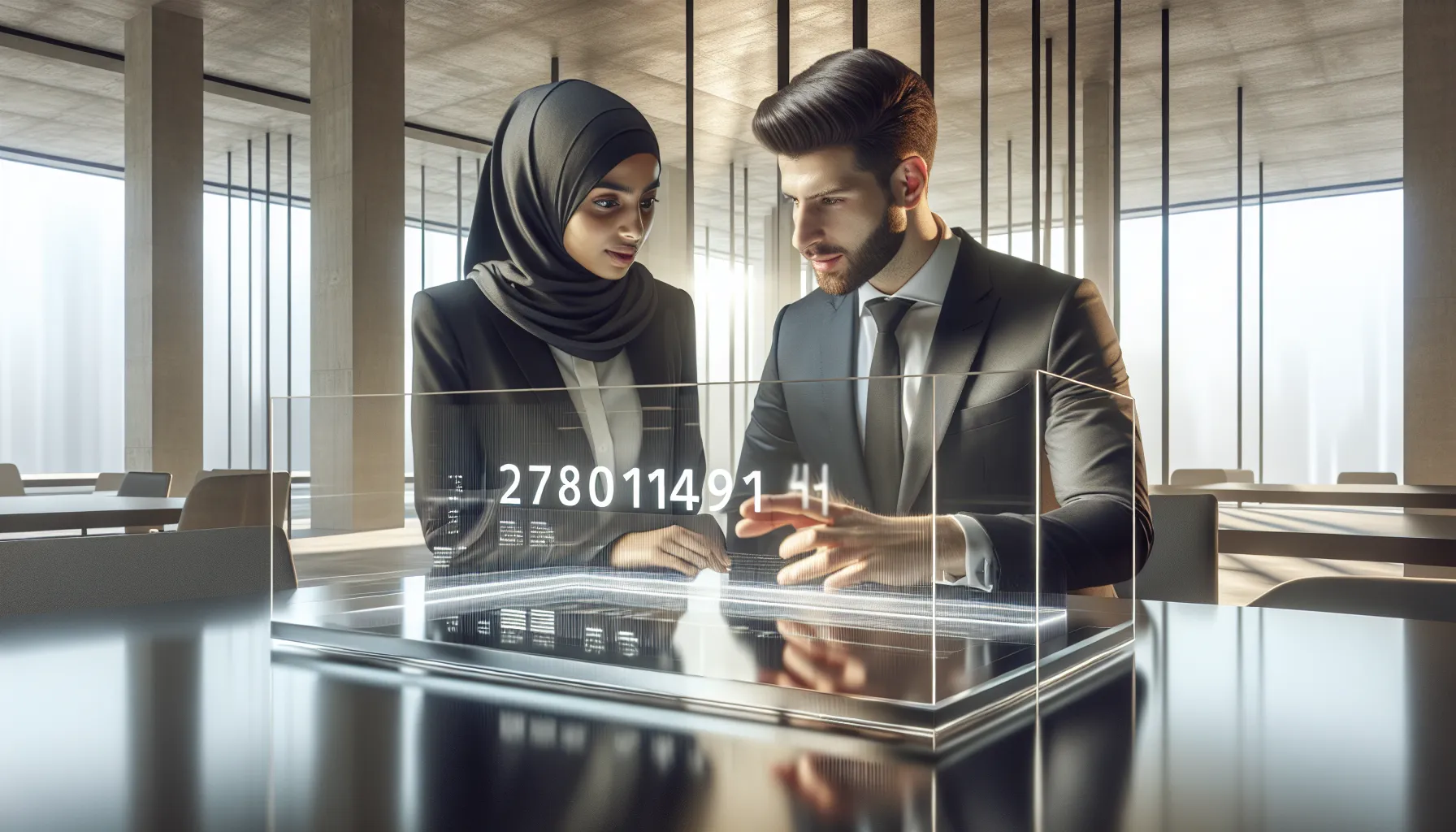 professionals discussing a significant number in a modern office setting.