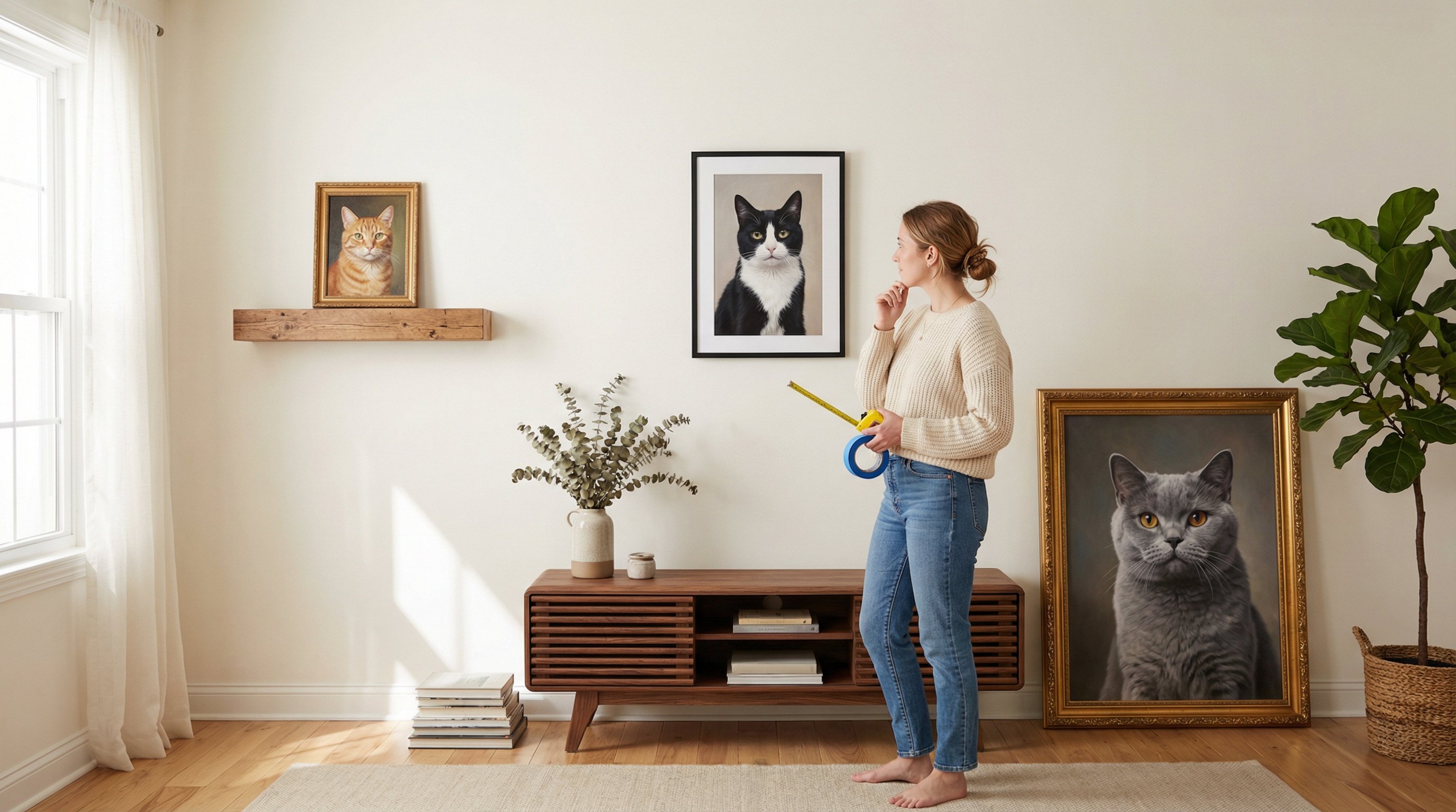 Woman comparing three different-sized framed cat portraits on a living room wall.