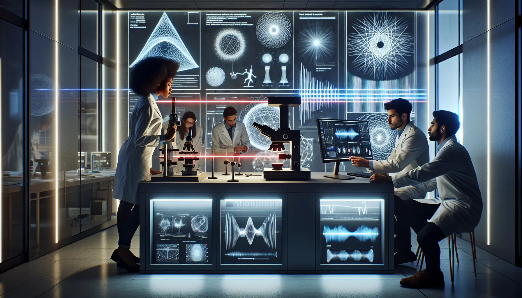 scientists collaborating on photoac9mpa in a modern lab.