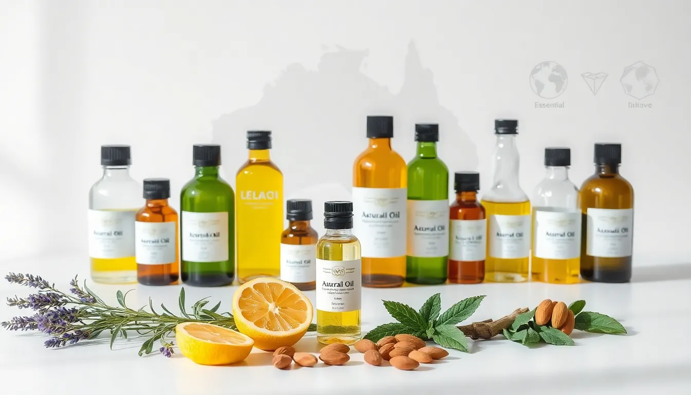Display of natural oil bottles and botanical ingredients on a modern counter.