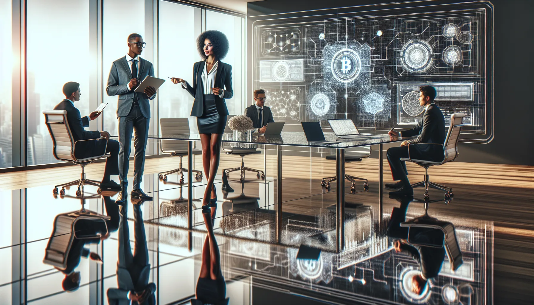 diverse team discussing cryptocurrency technology in a modern office.