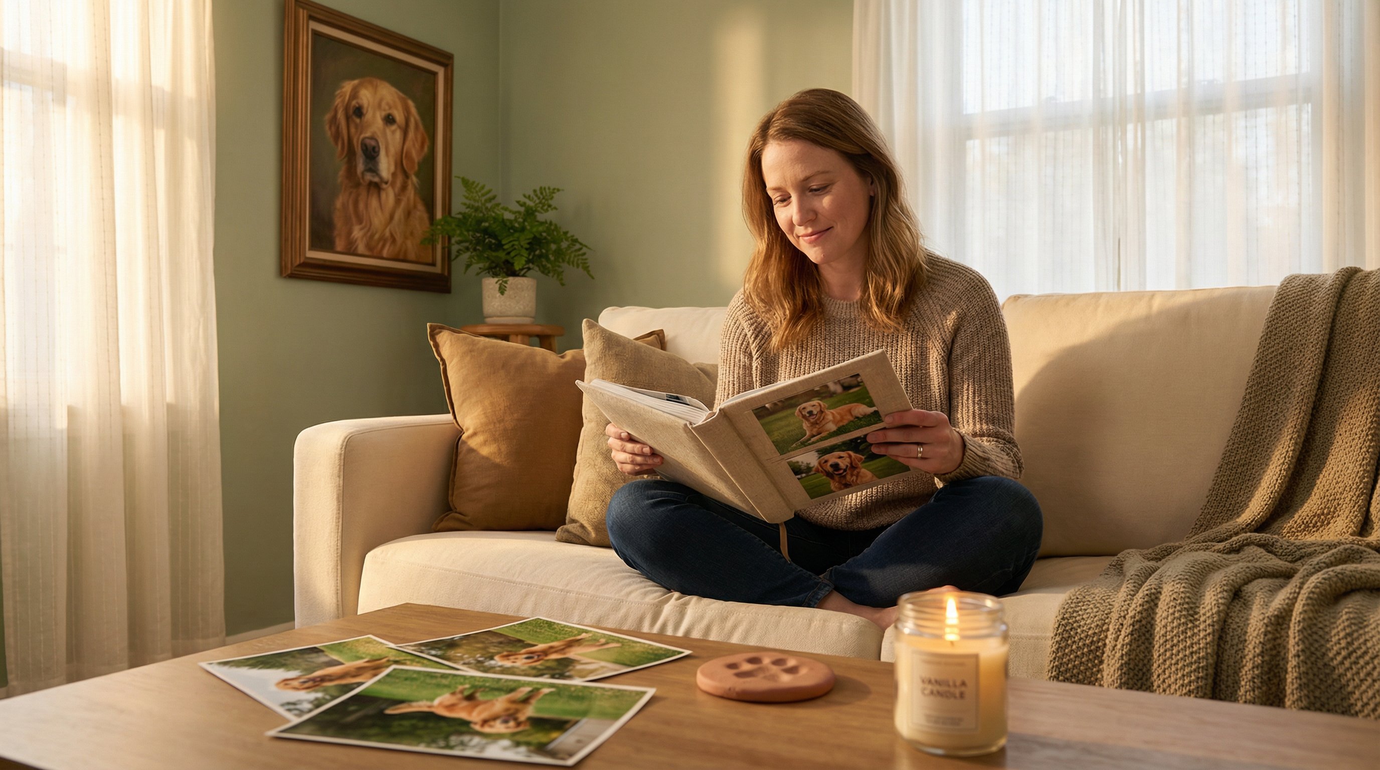 Woman creating a scrapbook to honor her dog's memory at home.