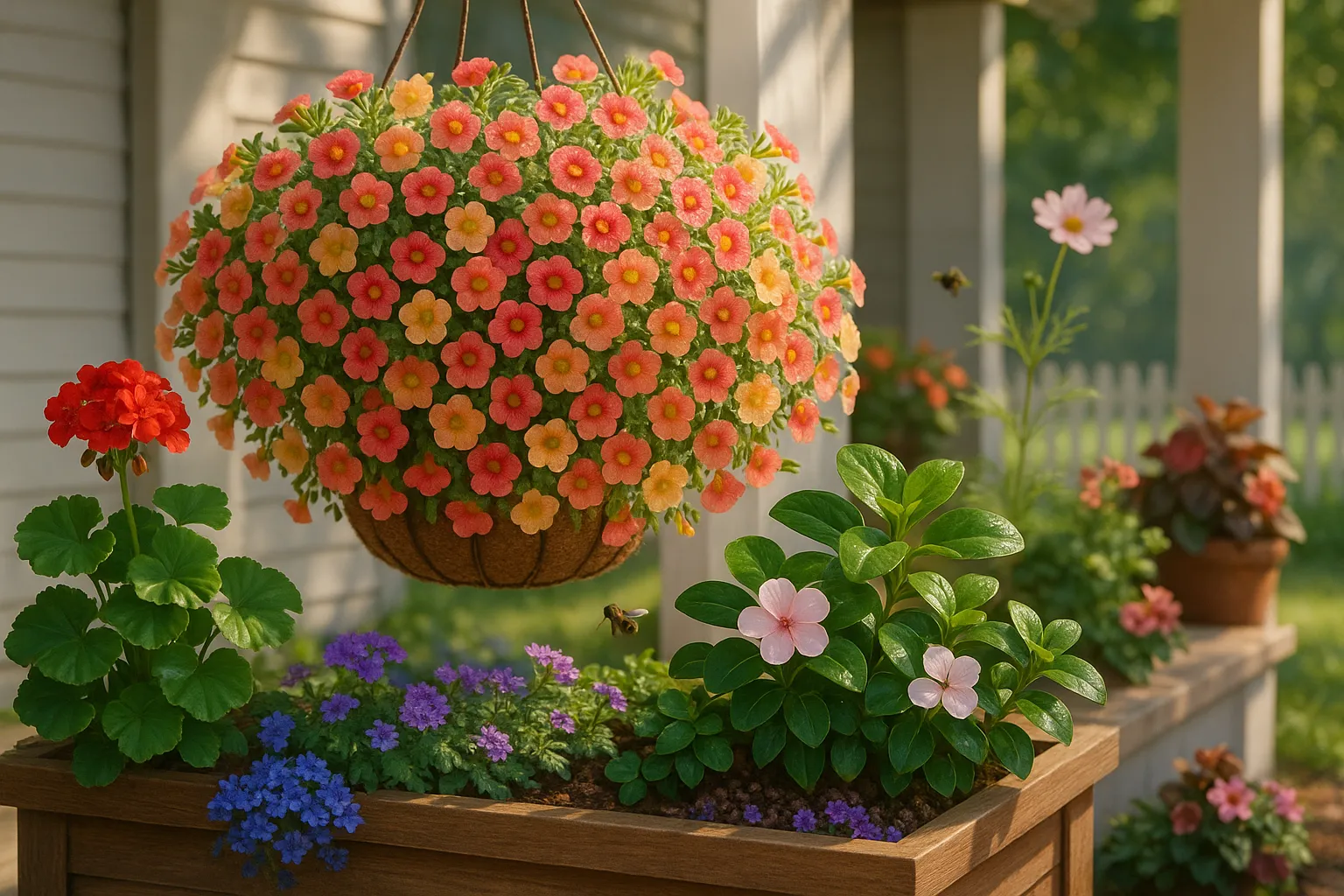 A hanging basket of drifting calibrachoa with geraniums and other alternatives nearby.