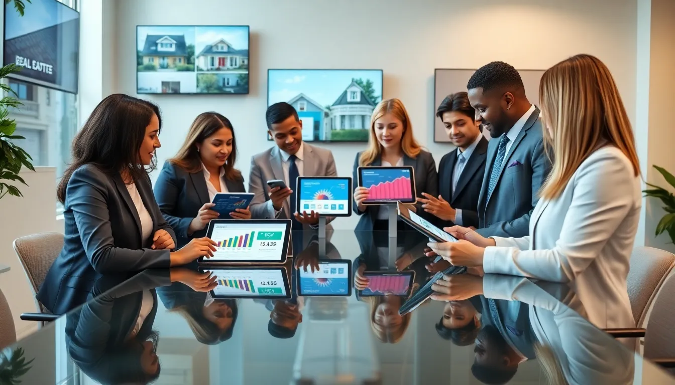 diverse real estate team collaborating in a modern office.