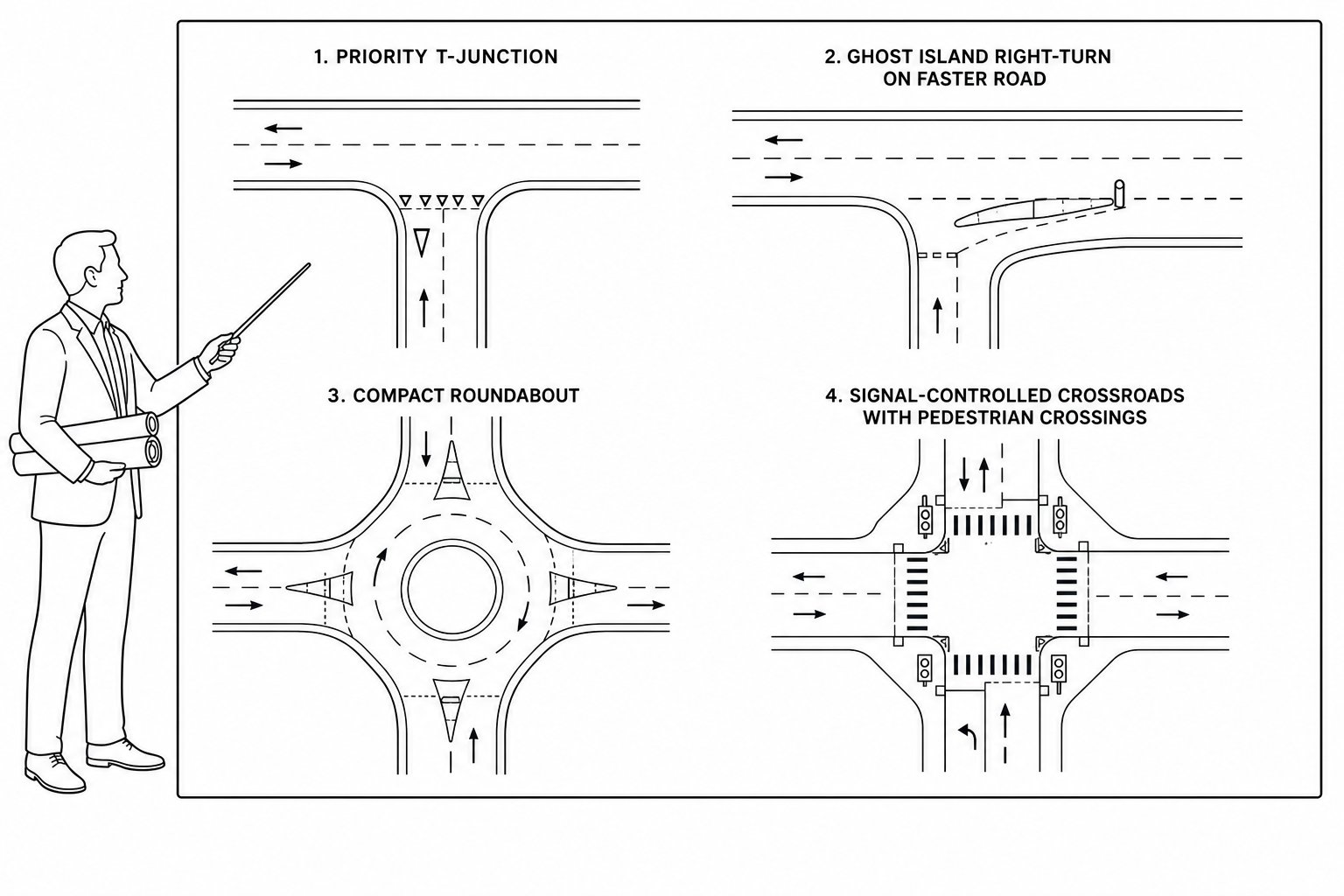 Consultant presenting four common road junction designs on a planning board.