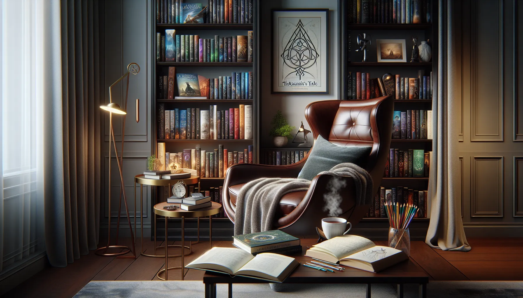 Cozy reading nook with Sarah J. Maas books and a warm ambiance.