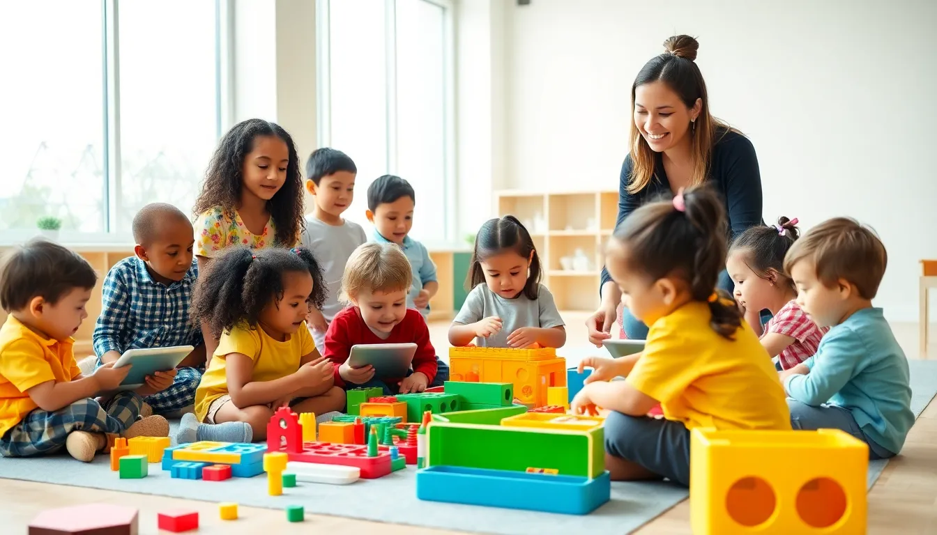 diverse children learning in a vibrant modern classroom.
