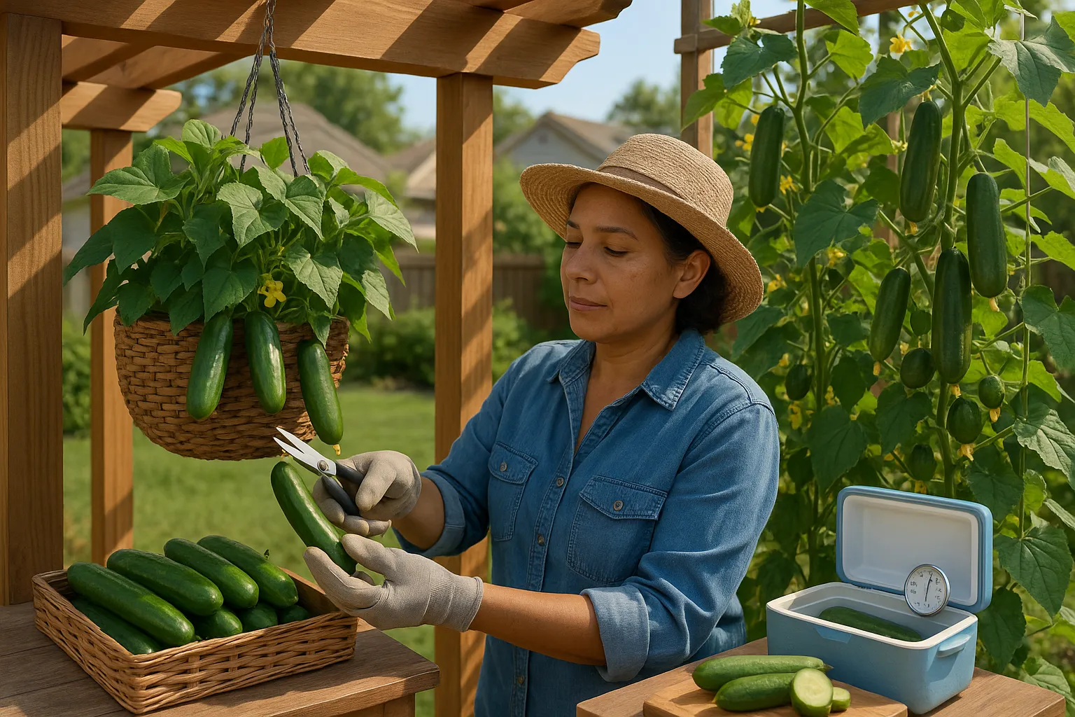 Gardener cutting a cucumber from a hanging basket beside a heavy vining trellis.