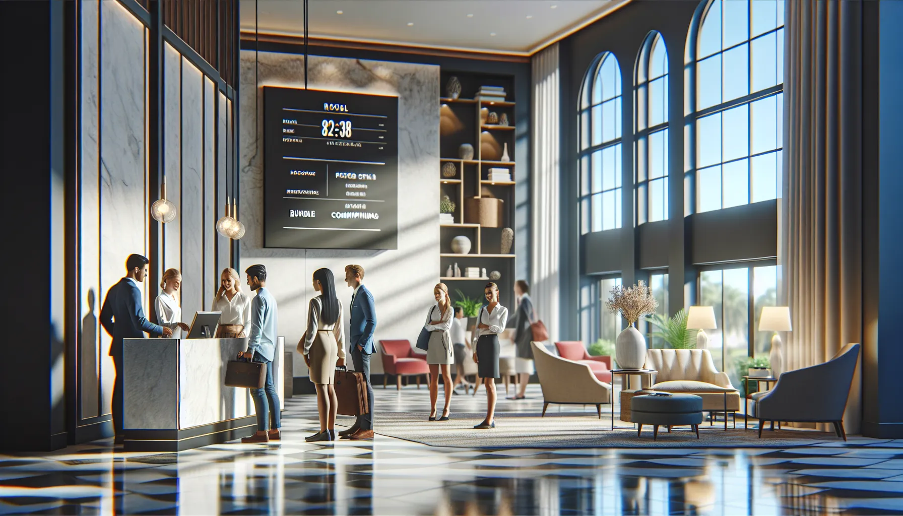diverse travelers discussing hotel bookings in a modern lobby.