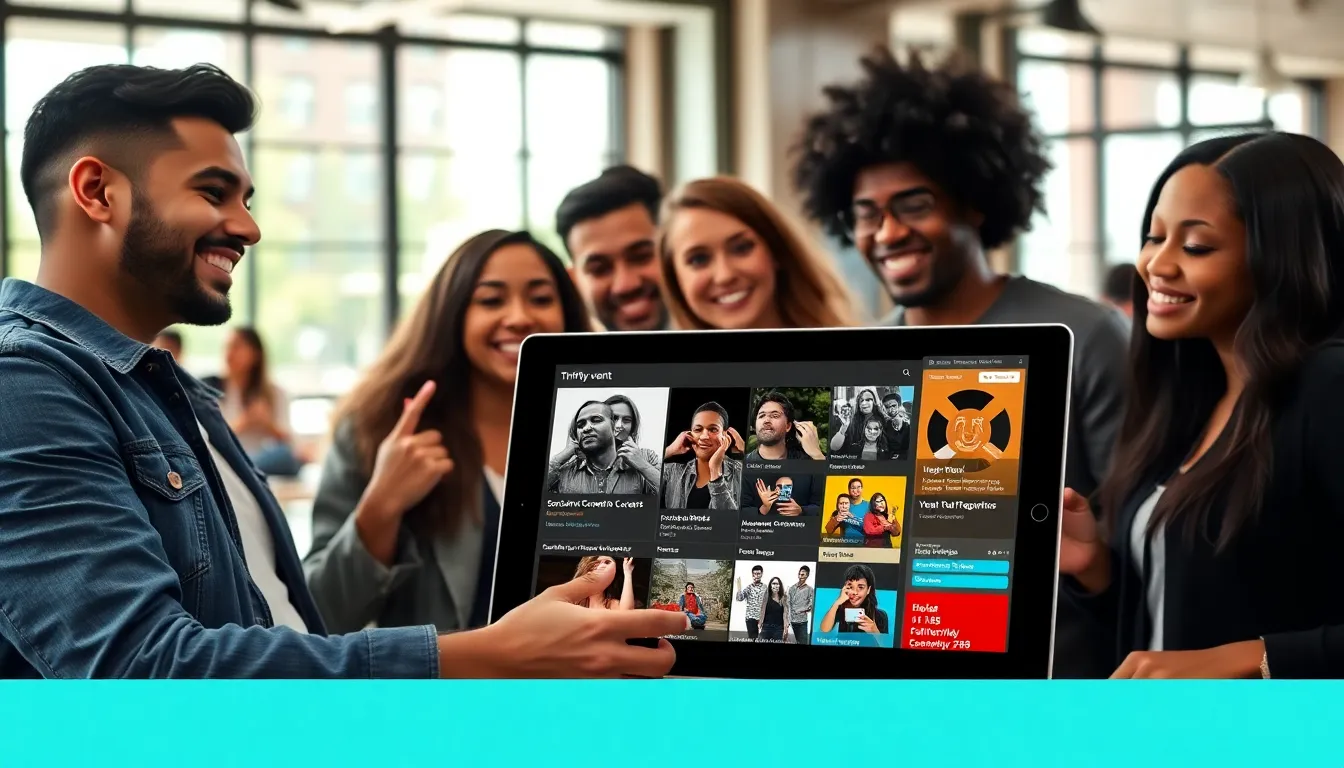diverse group browsing Thriftyevents.net on a tablet in a café.