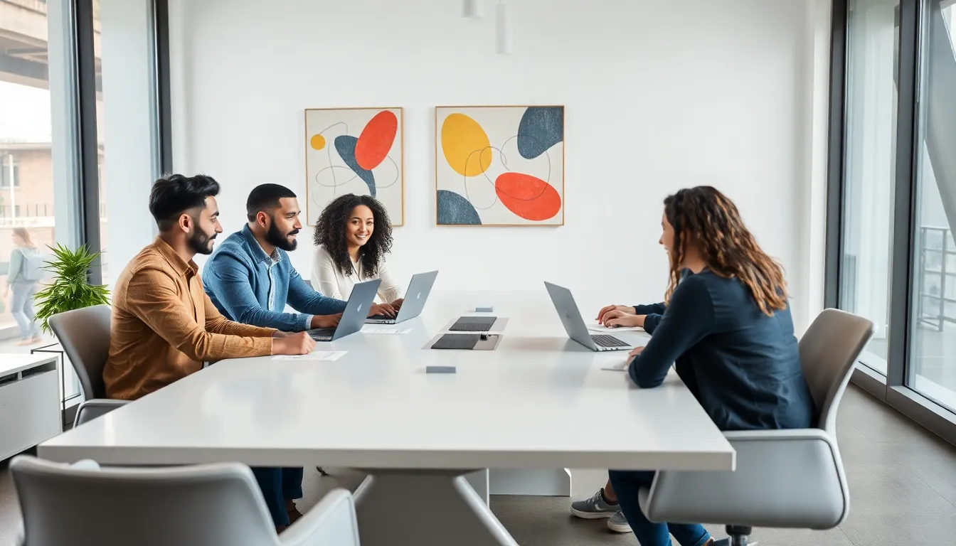 diverse team collaborating in a modern workspace.