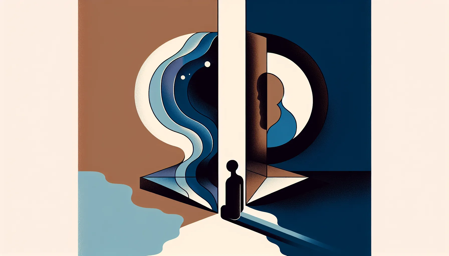 A contemplative figure standing between dream and reality worlds in minimal style.