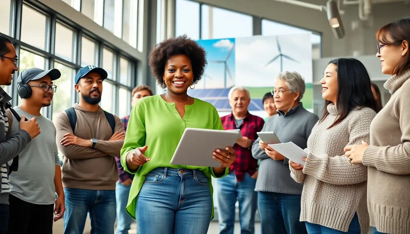diverse community members discussing energy needs at a vibrant community center.
