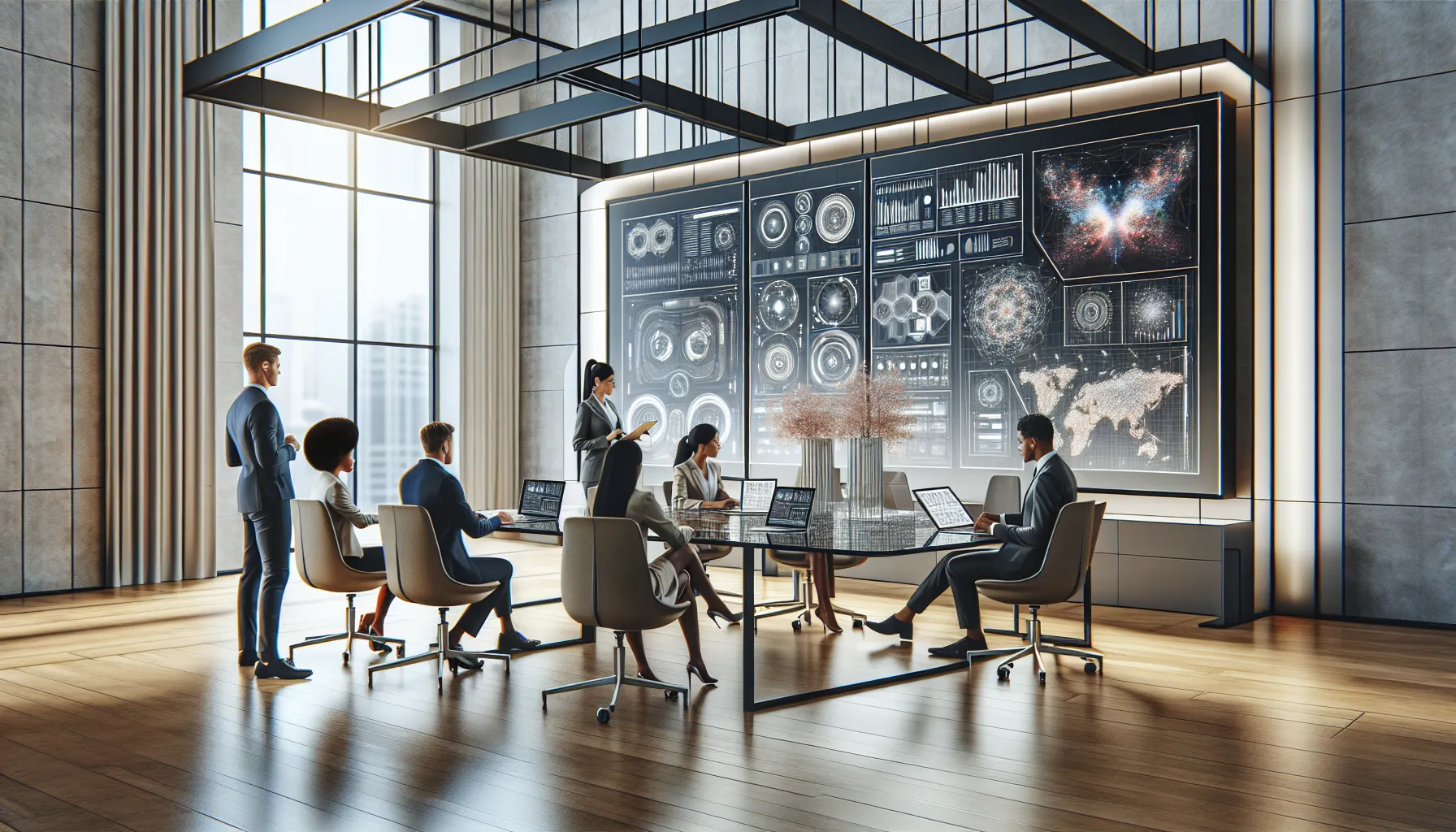 diverse team collaborating on a digital platform in a modern office.
