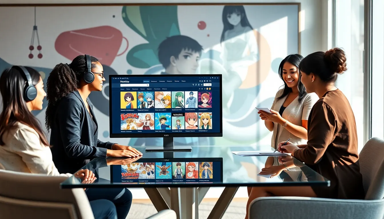 diverse team collaborating over animated content on a computer screen.