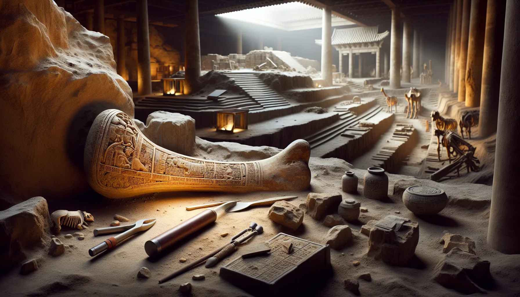 An excavated oracle bone amidst ancient relics under bright natural light.