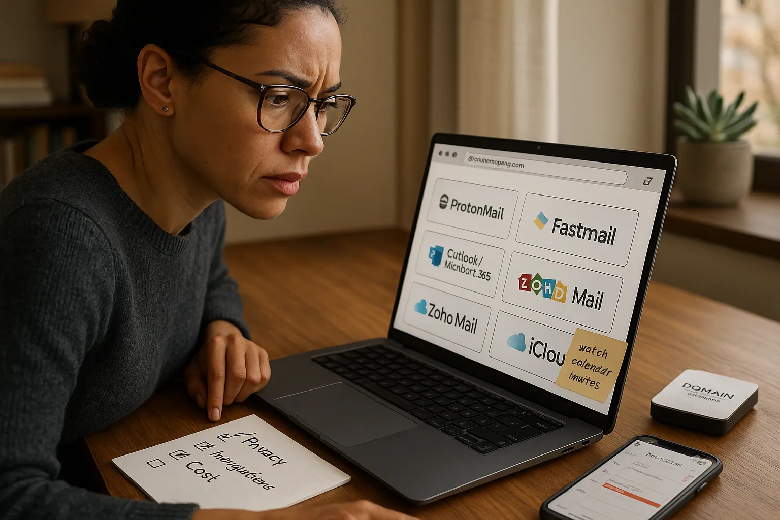 Person at desk comparing email providers on laptop, checklist and calendar alert.