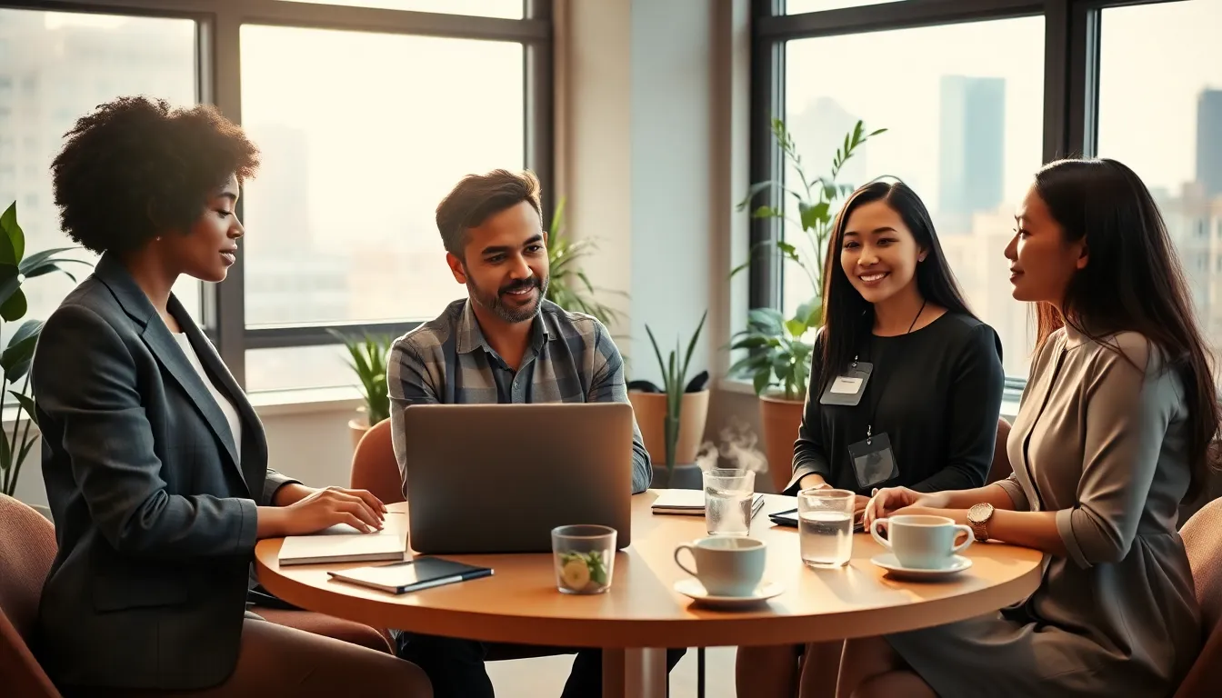 a diverse group discussing leadership in a bright, relaxing office.